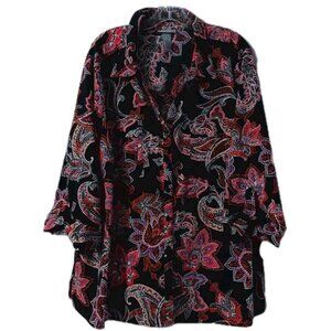Catherines Womens Shirt Size 2x Black Pink Ling Sleeve Button Down Floral